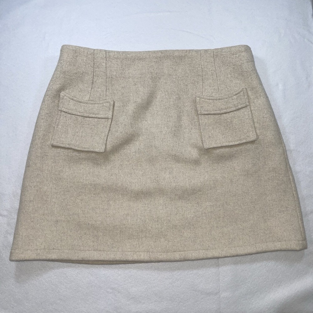 Crescent Wool Blend Beige Mini‎ Skirt Womens Size Large L Lined Pocket Detail